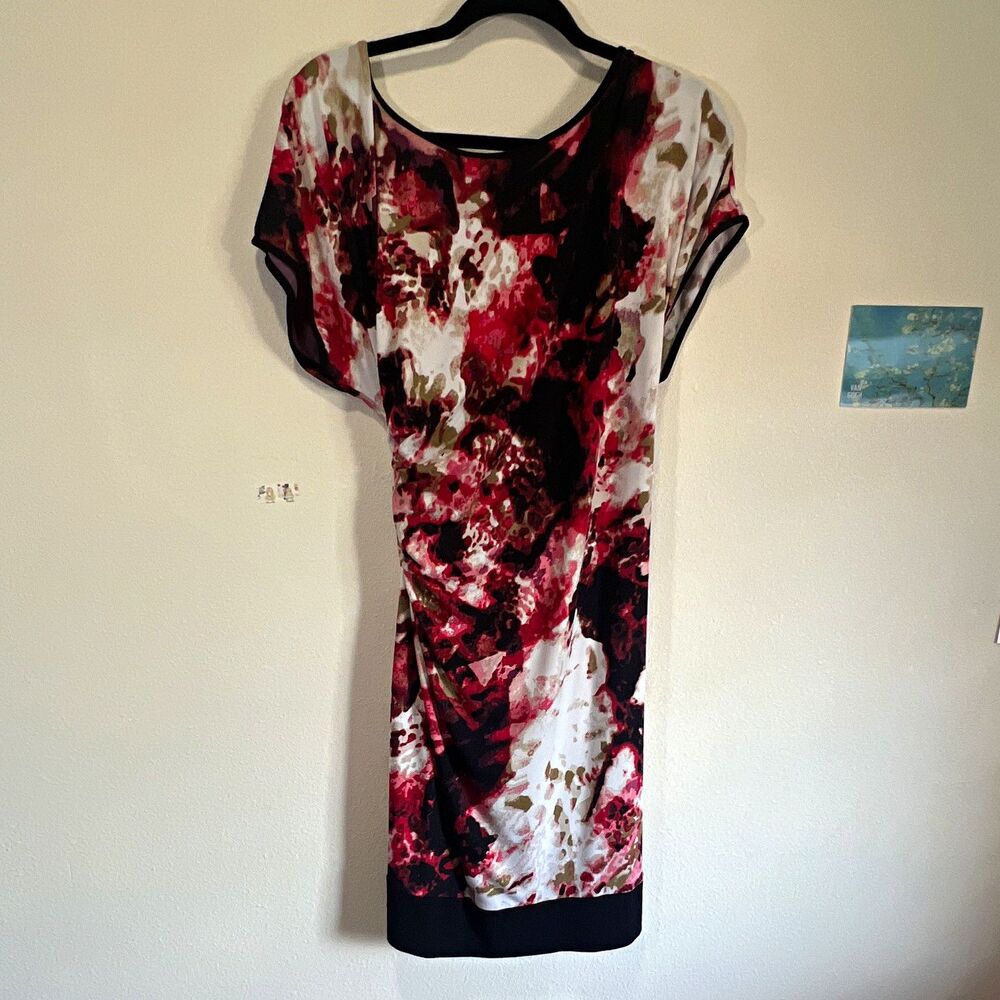 Calvin Klein Womenβs XL Sheath Dress Abstract Red Black White Tie Waist
